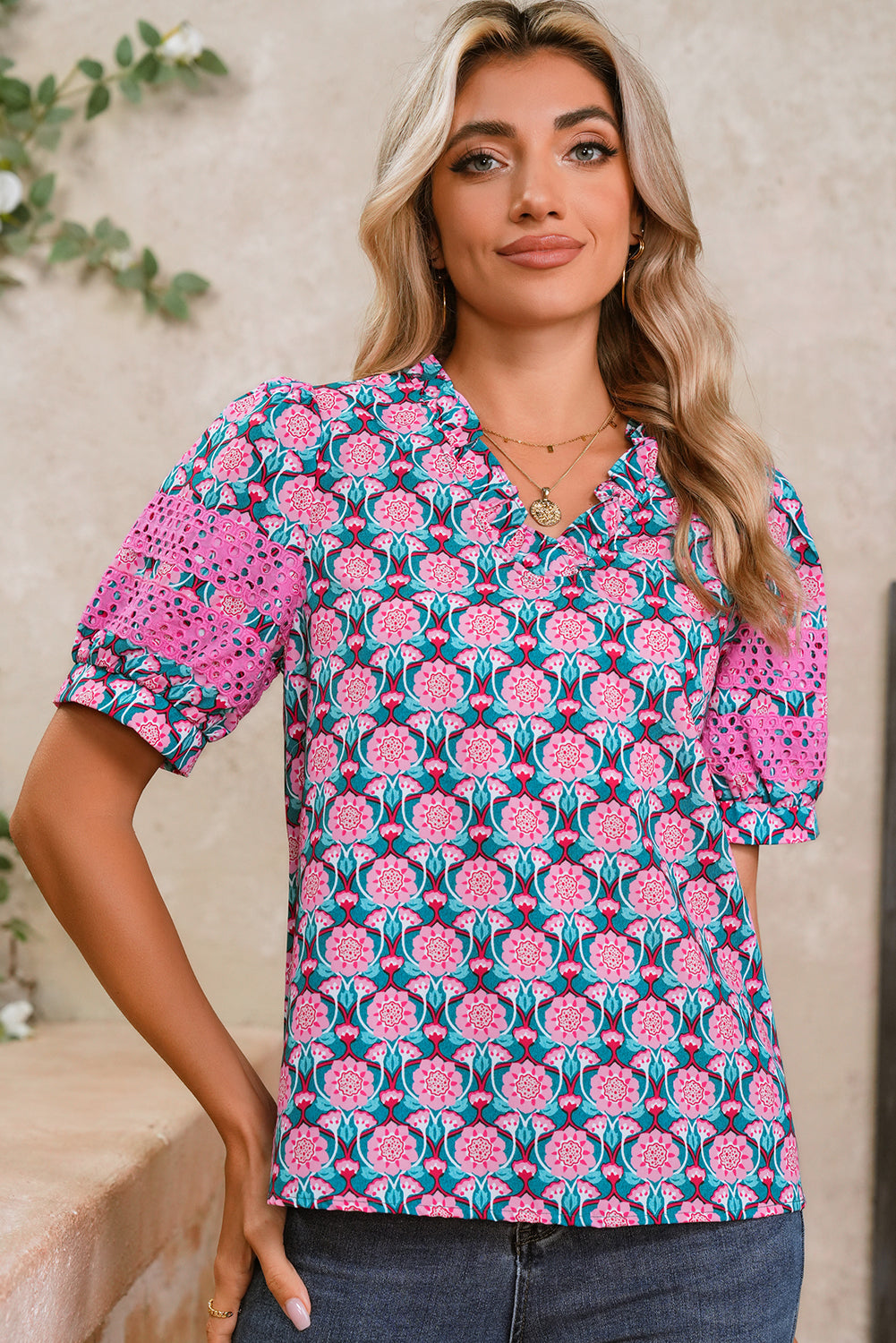 Sachet Pink Frill V-Neck Abstract Print Puff Sleeve Top