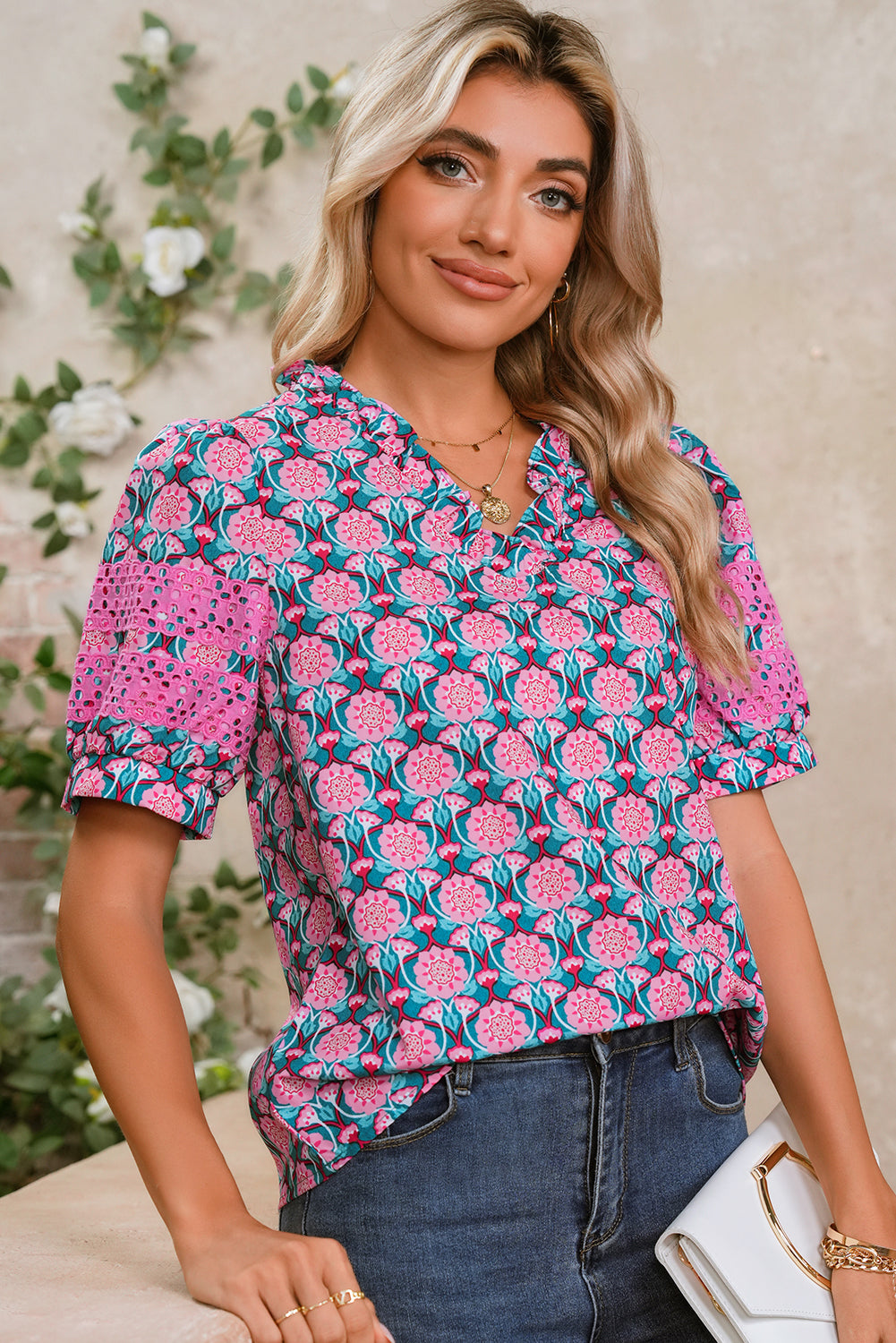 Sachet Pink Frill V-Neck Abstract Print Puff Sleeve Top