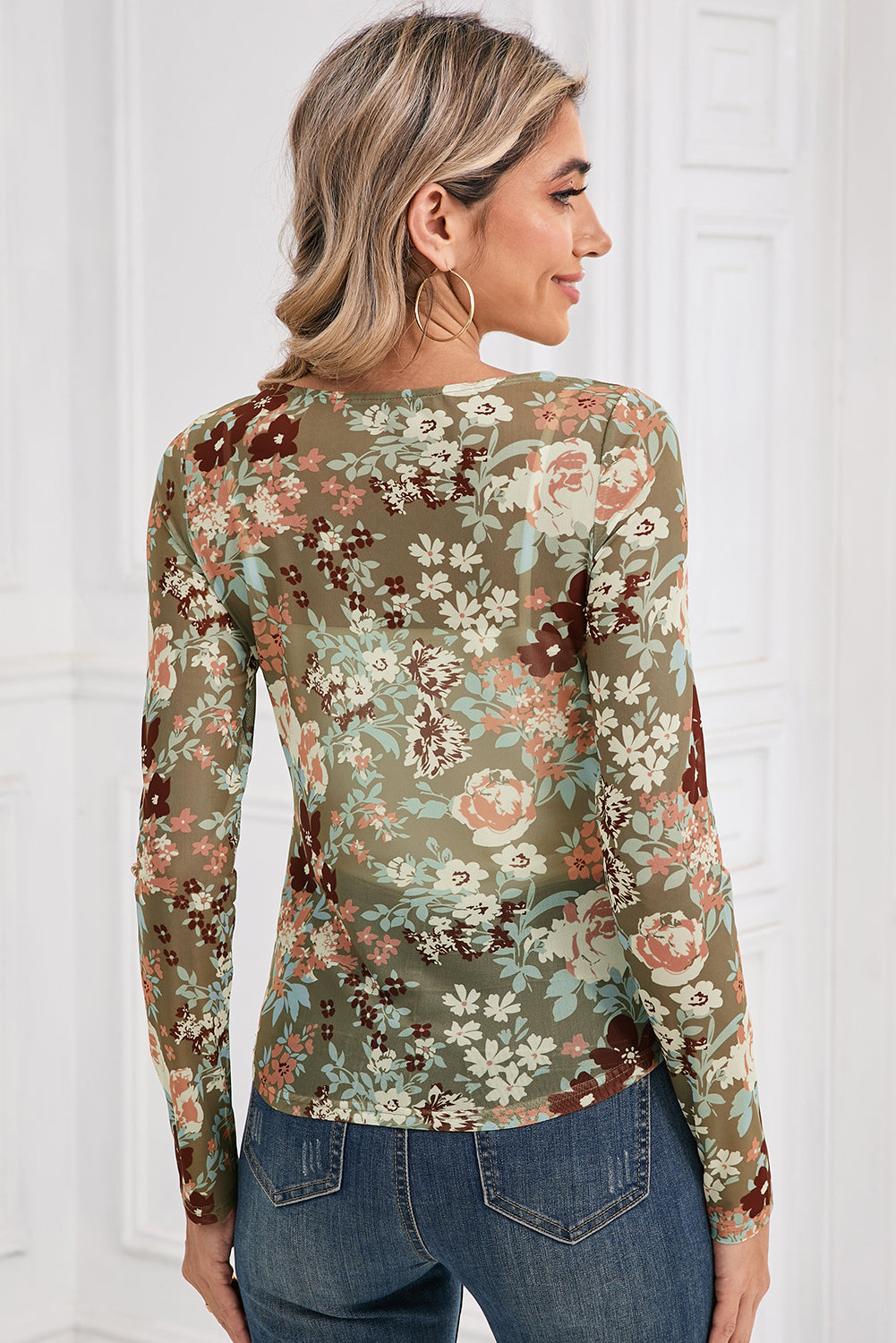 Top de manga larga de malla con estampado floral verde