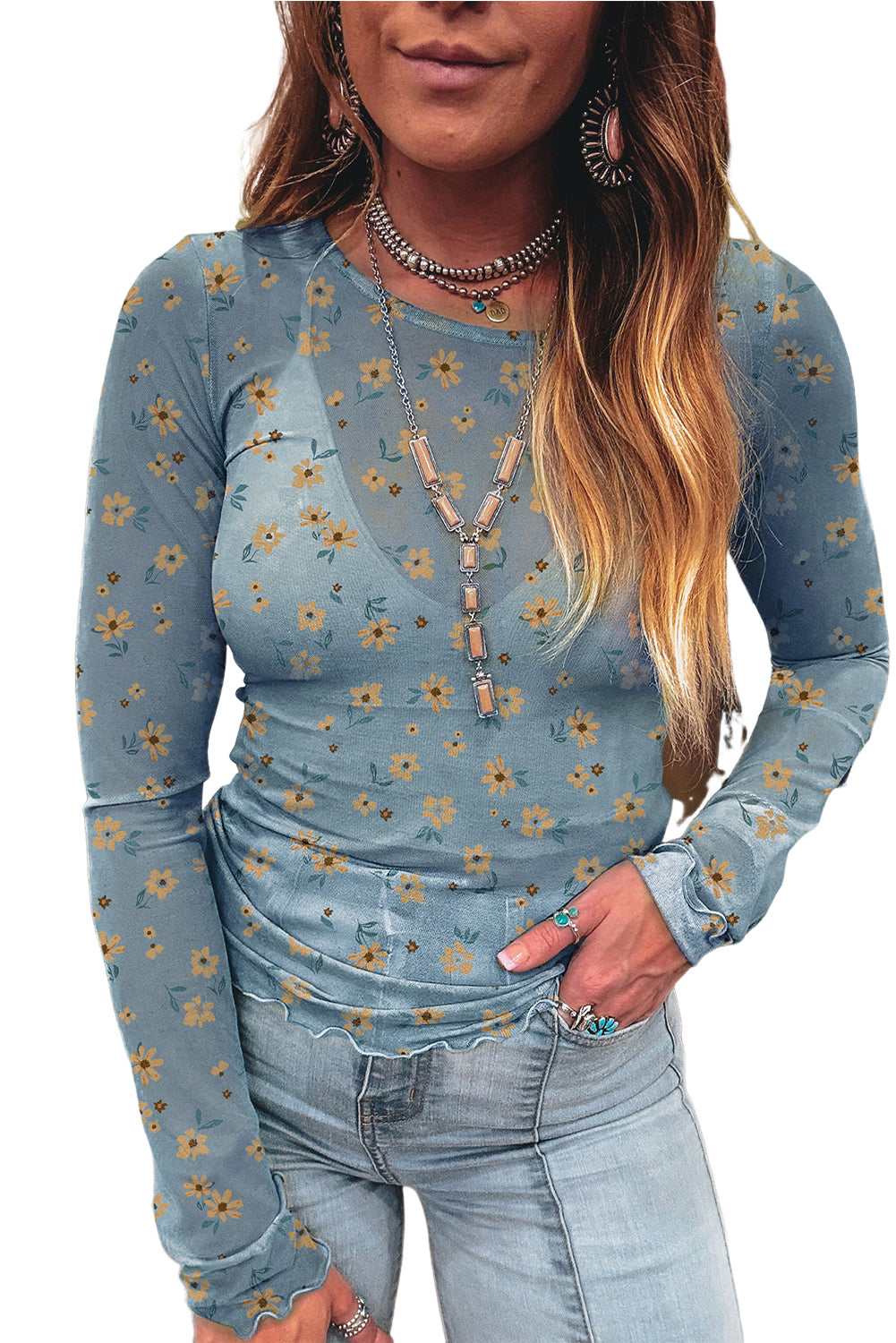 Top de manga larga ajustado de malla con estampado floral azul cielo