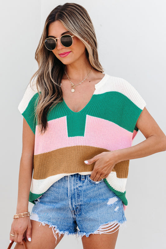 Camiseta tipo suéter con cuello en V y muesca en bloques de colores multicolor