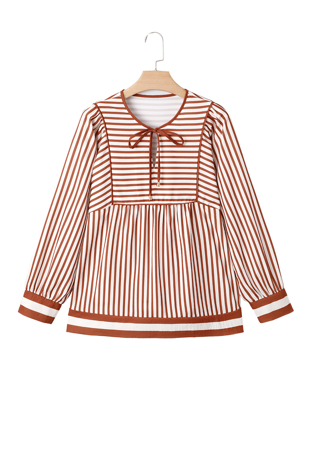 Blusa de rayas marrones con cuello en V y cordón ajustable