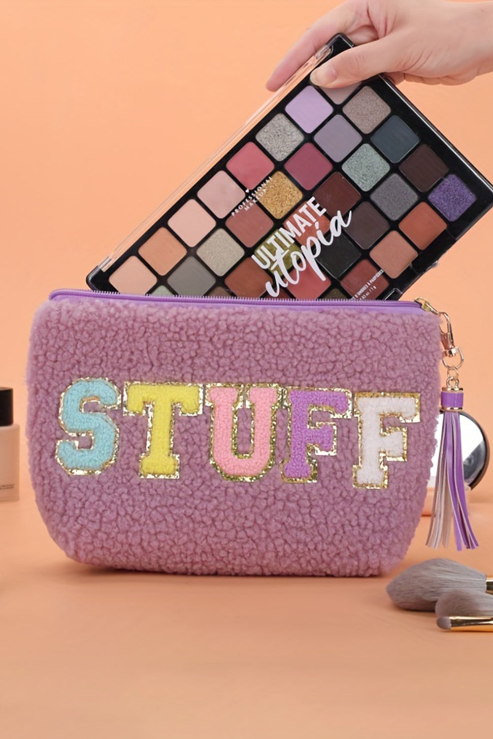 Bolsa de maquillaje con cremallera y borlas con estampado de letras brillantes de Phalaenopsis