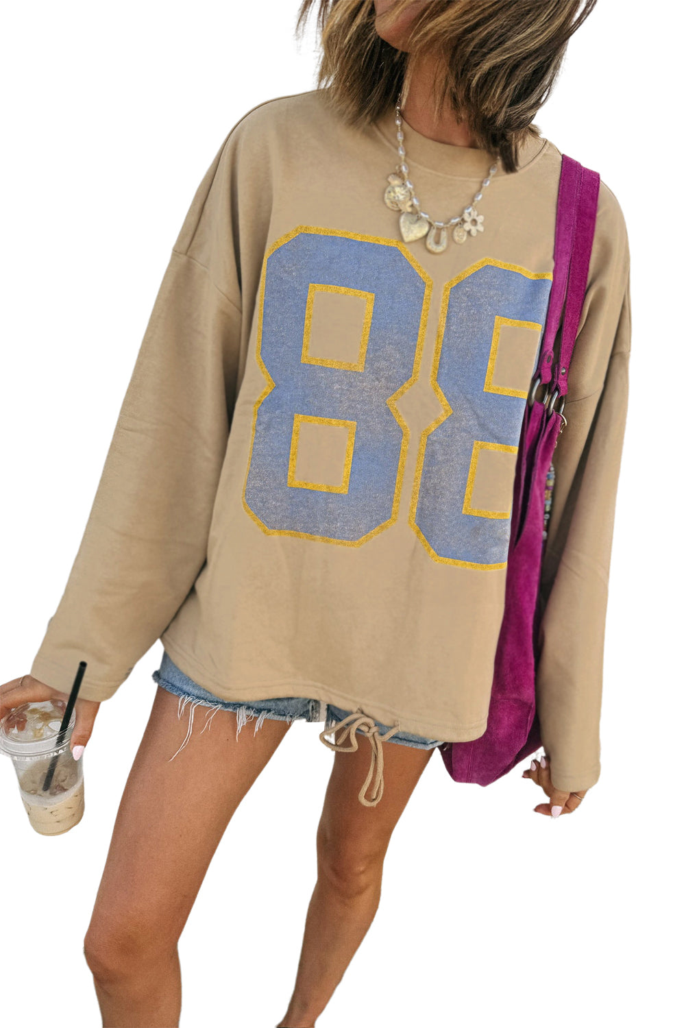 Khaki Drawstring Hem 88 Number Graphic Long Sleeve Top