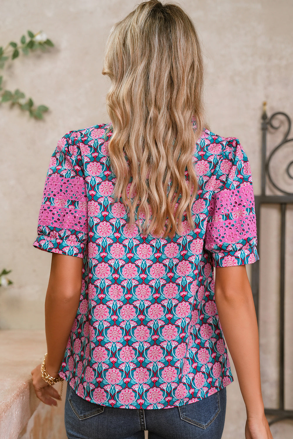 Sachet Pink Frill V-Neck Abstract Print Puff Sleeve Top