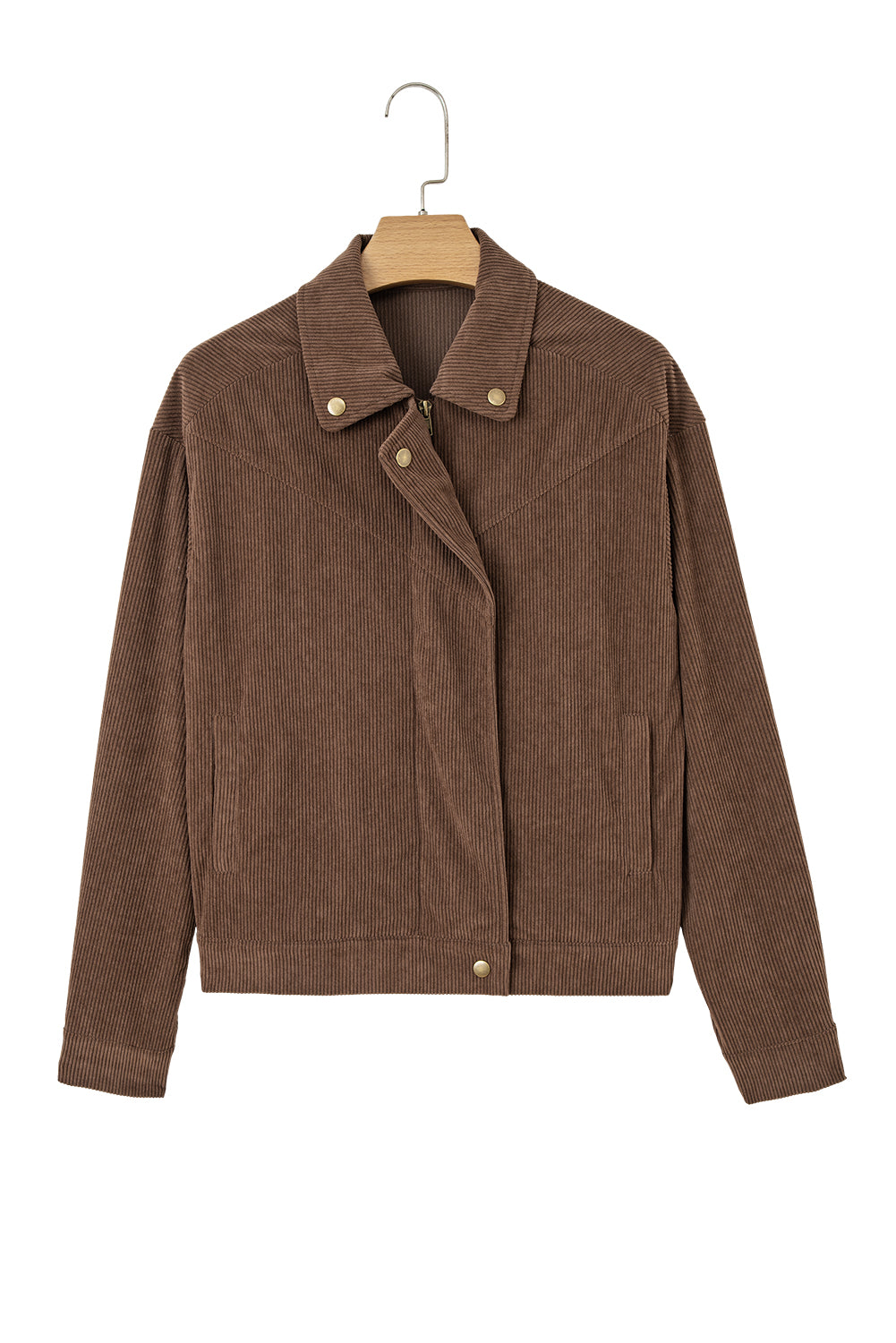Chaqueta de pana con cuello de solapa, cremallera y botones color caqui oscuro