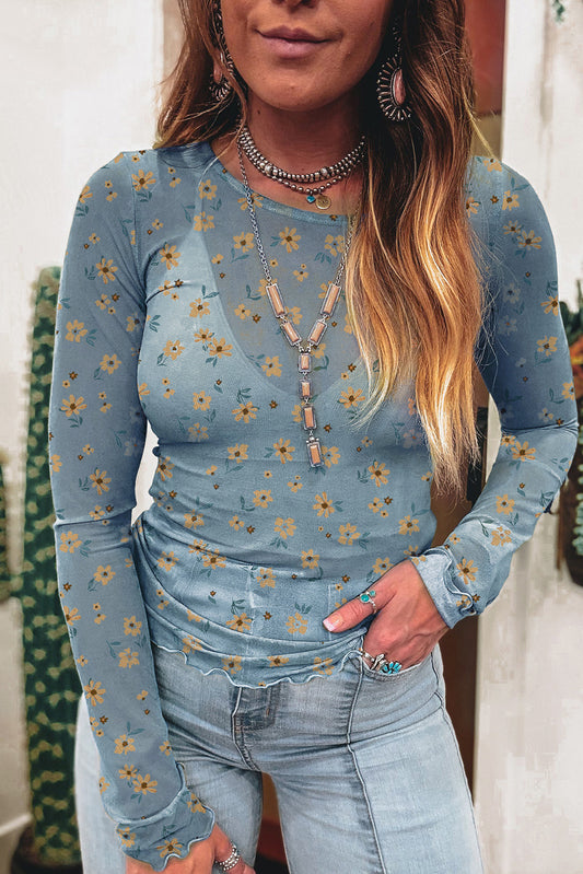 Top de manga larga ajustado de malla con estampado floral azul cielo