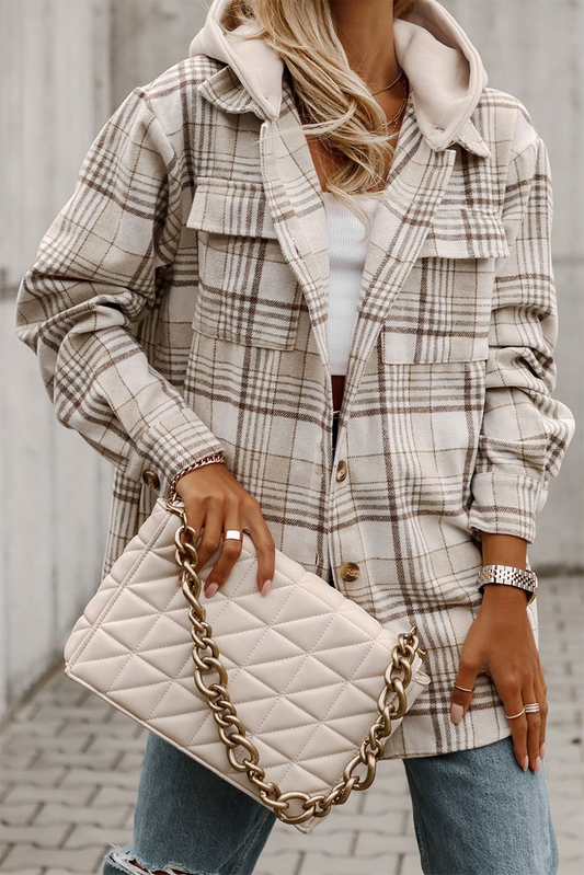 Chaqueta abotonada con capucha extraíble a cuadros caqui