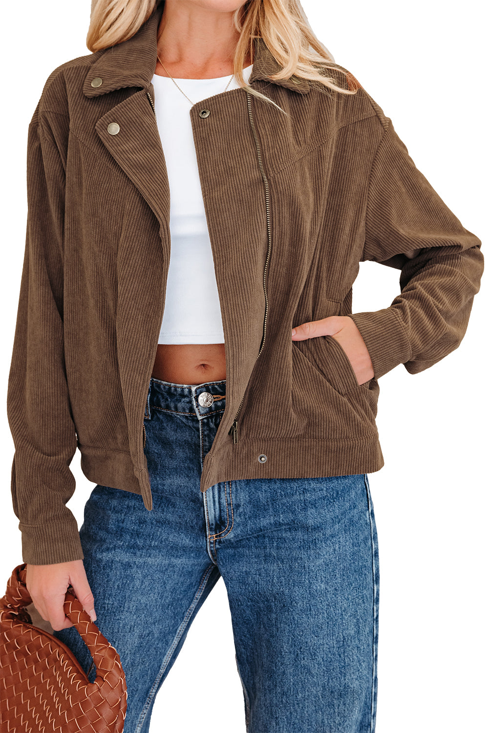 Chaqueta de pana con cuello de solapa, cremallera y botones color caqui oscuro