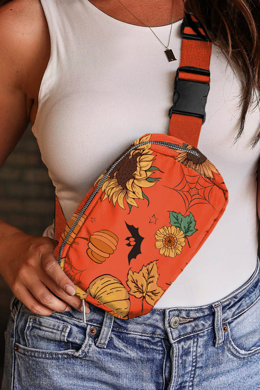 Bolso bandolera con estampado de calabaza, girasol y Halloween en color naranja