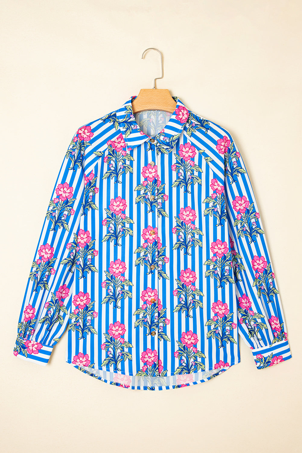 Blue Striped Floral Print Loose Fit Shirt