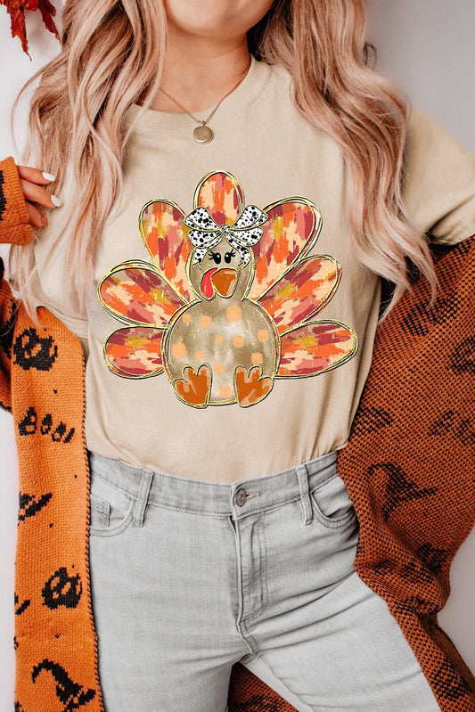 Camiseta de cuello redondo con estampado de pavo con lazo de Acción de Gracias en color caqui