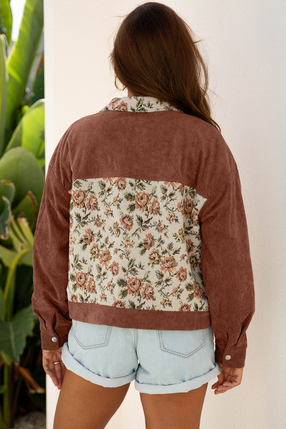 Chaqueta estilo camisa con patchwork floral retro acanalado de arcilla