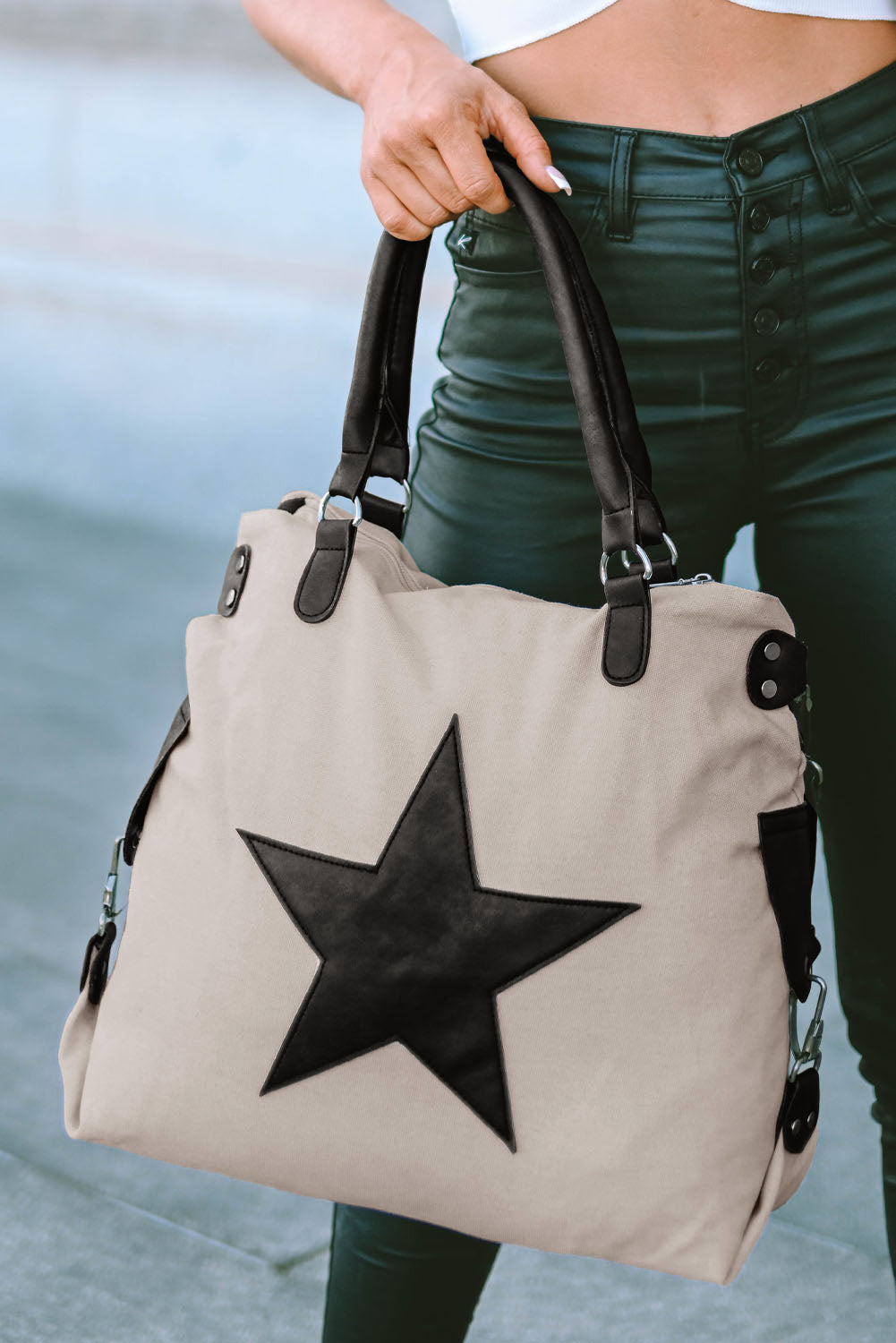 Bolso tote de lona beige informal con estrella de cinco puntas