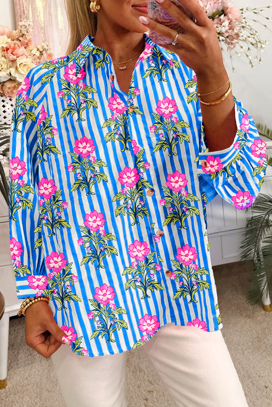 Blue Striped Floral Print Loose Fit Shirt