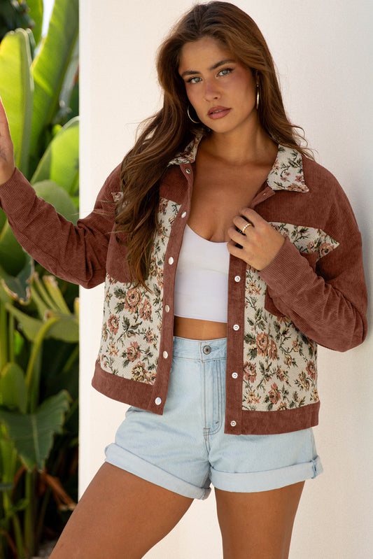 Chaqueta estilo camisa con patchwork floral retro acanalado de arcilla