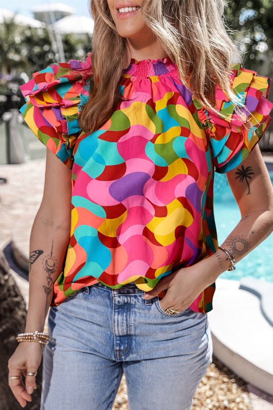 Top con estampado ondulado, cuello halter, mangas con volantes dramáticos en rojo rosa