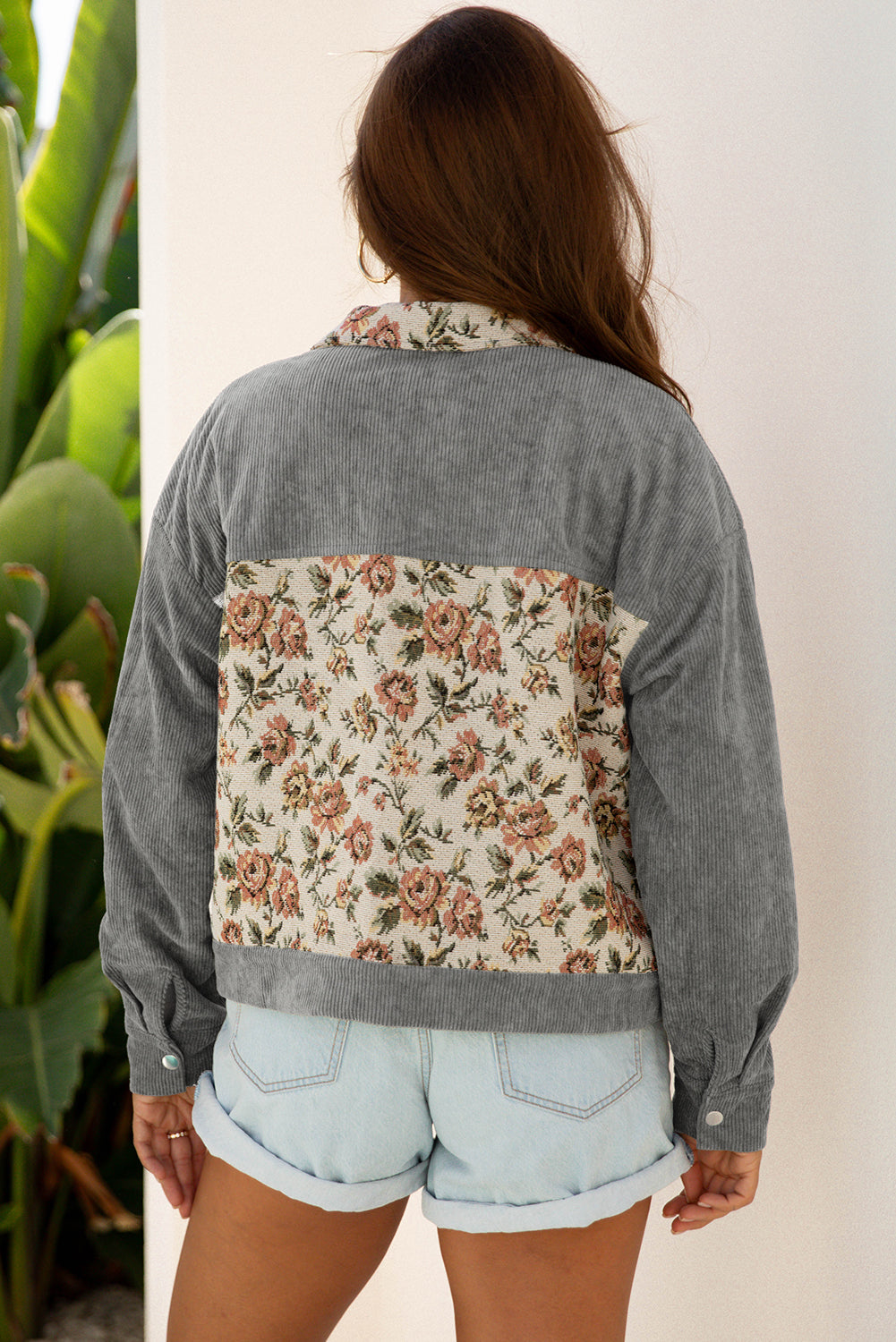 Chaqueta estilo camisa con patchwork floral retro acanalado de arcilla