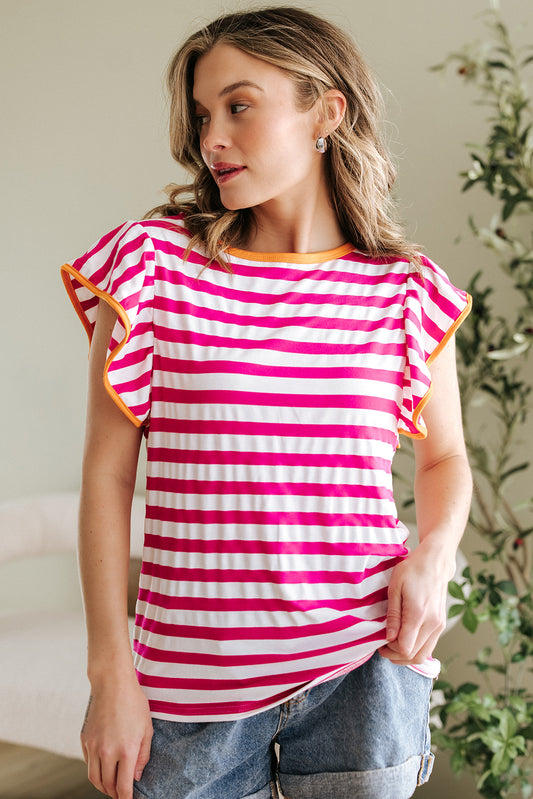 Blusa de cuello redondo con mangas con volantes y rayas de color rojo rosa