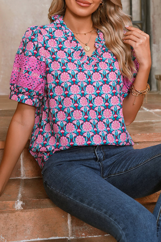 Sachet Pink Frill V-Neck Abstract Print Puff Sleeve Top