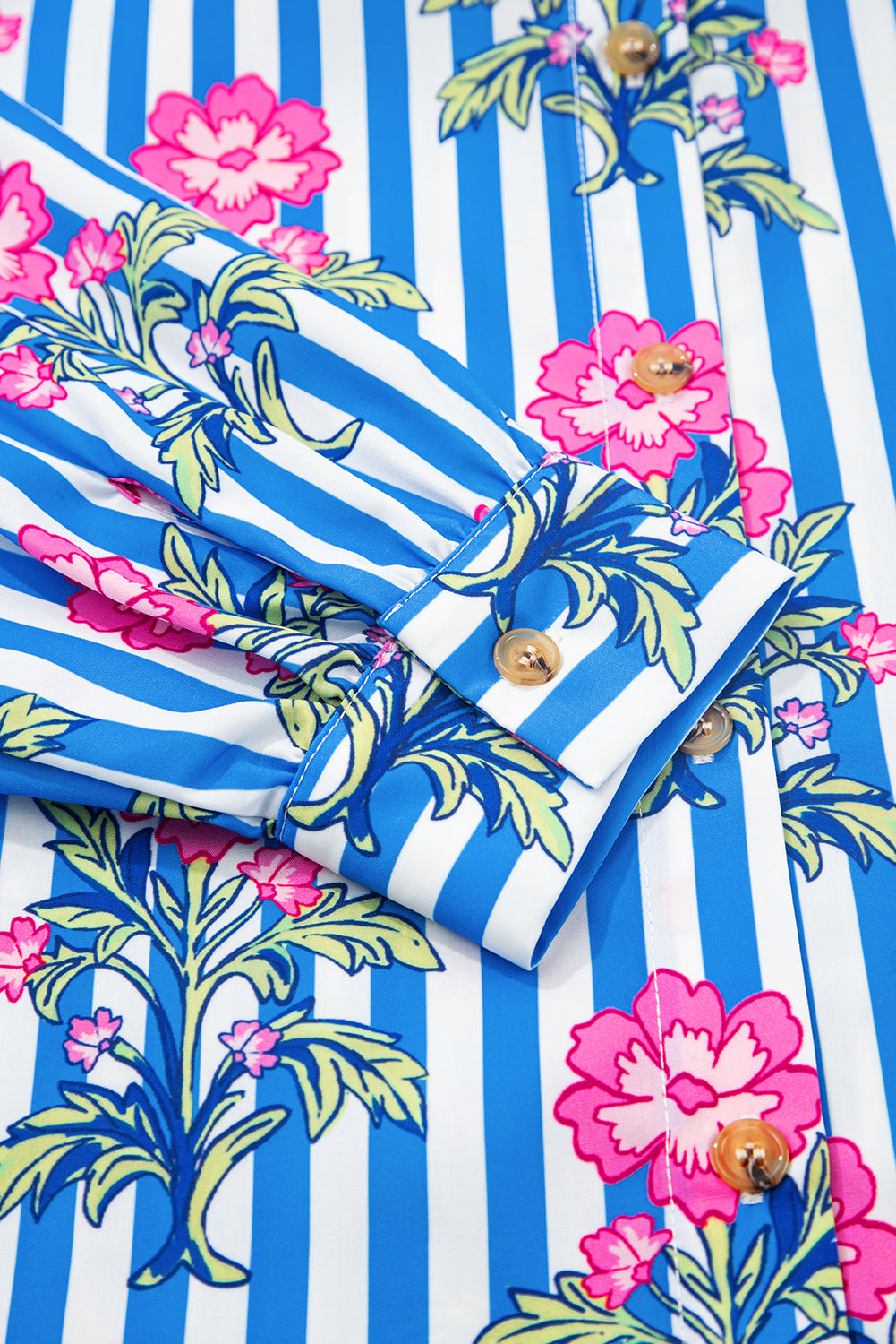 Blue Striped Floral Print Loose Fit Shirt