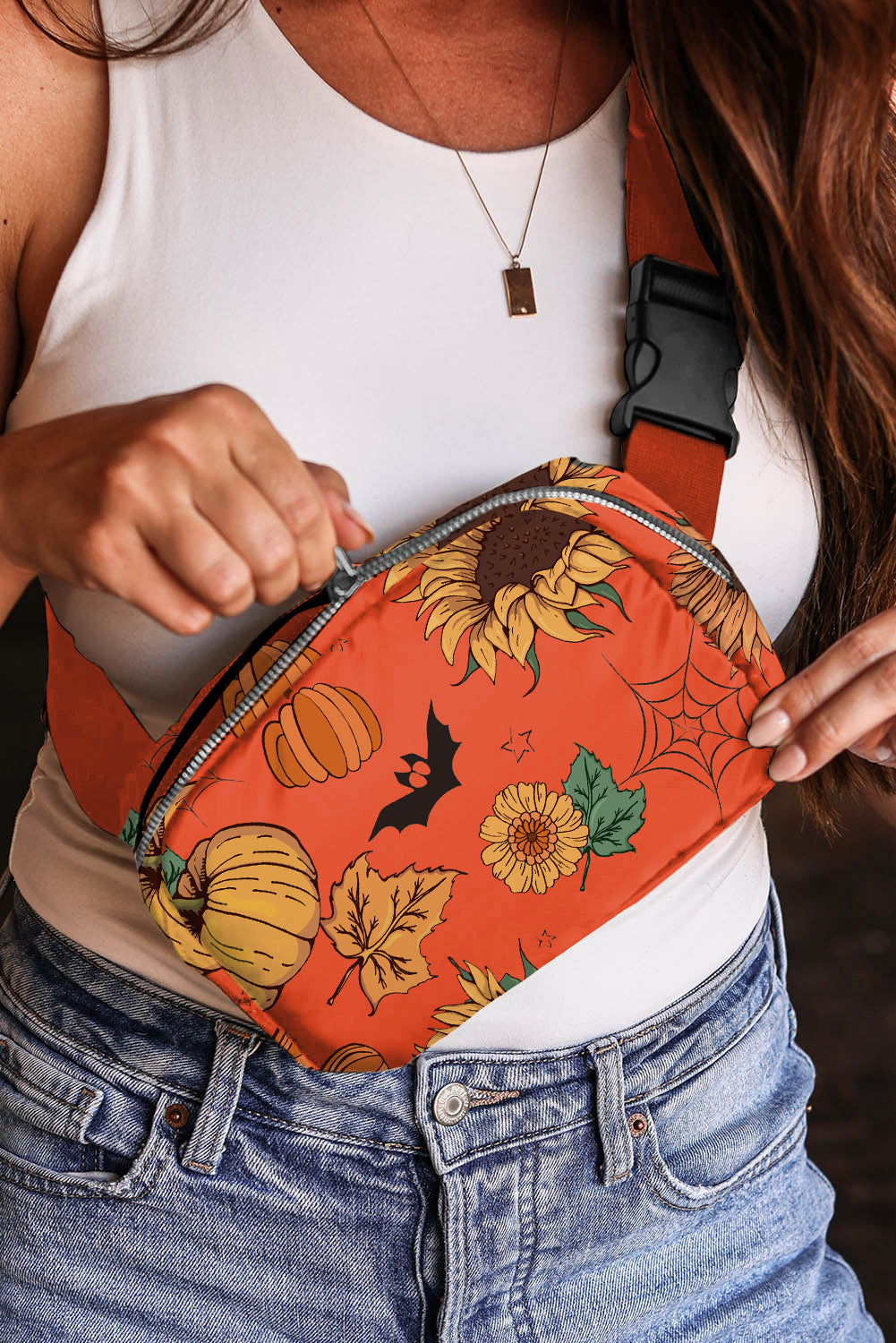 Bolso bandolera con estampado de calabaza, girasol y Halloween en color naranja