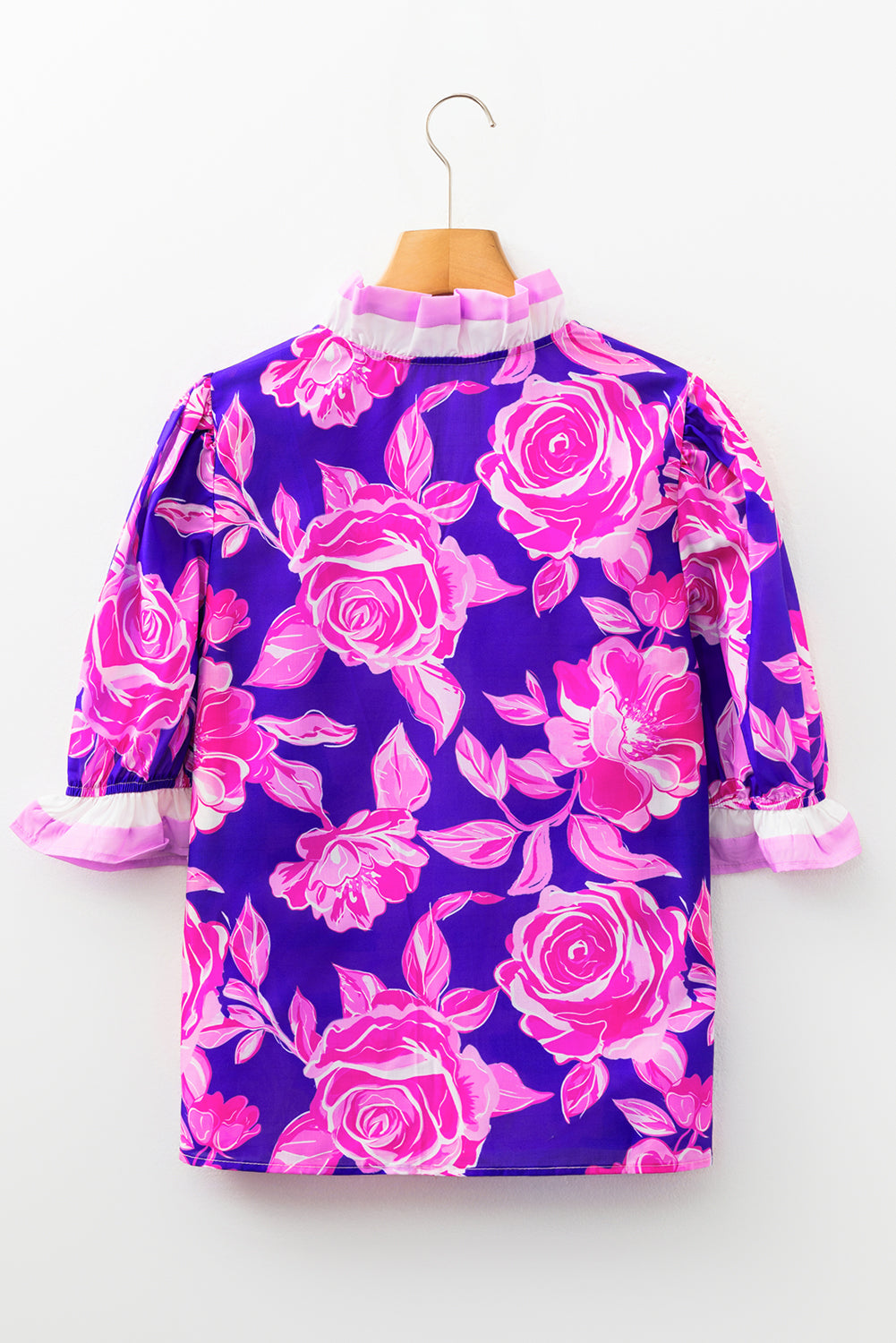Sachet Pink Floral Print Ruffle Puff Sleeve Pop of Color Neckline Blouse