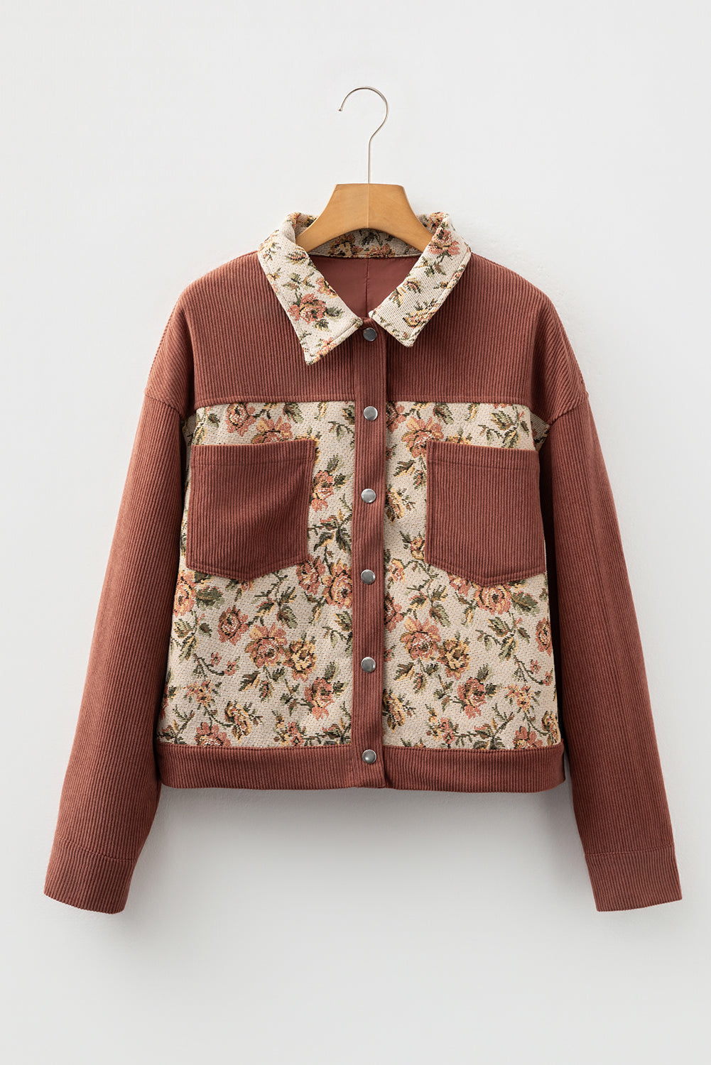 Chaqueta estilo camisa con patchwork floral retro acanalado de arcilla