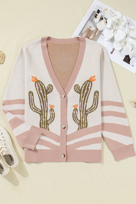 Suéter tipo cárdigan con botones y estampado de cactus del desierto occidental en color albaricoque, talla grande