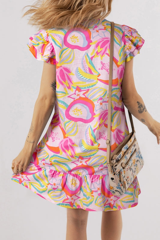 Vestido rosa abstracto con volantes y mangas acampanadas, abotonado y estampado floral