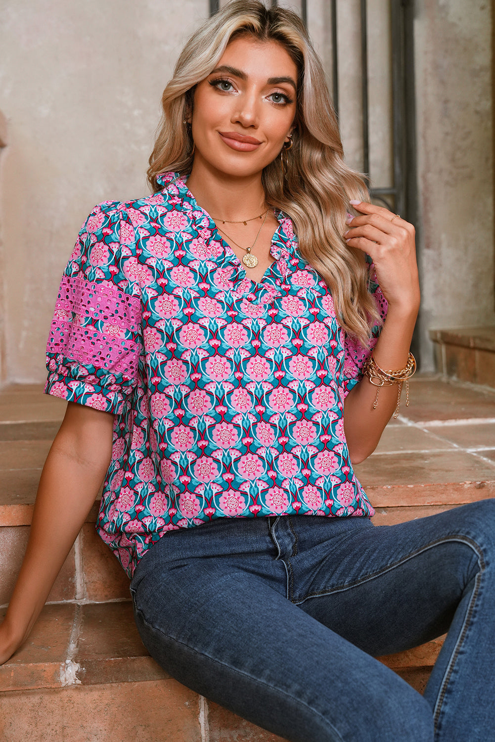 Sachet Pink Frill V-Neck Abstract Print Puff Sleeve Top