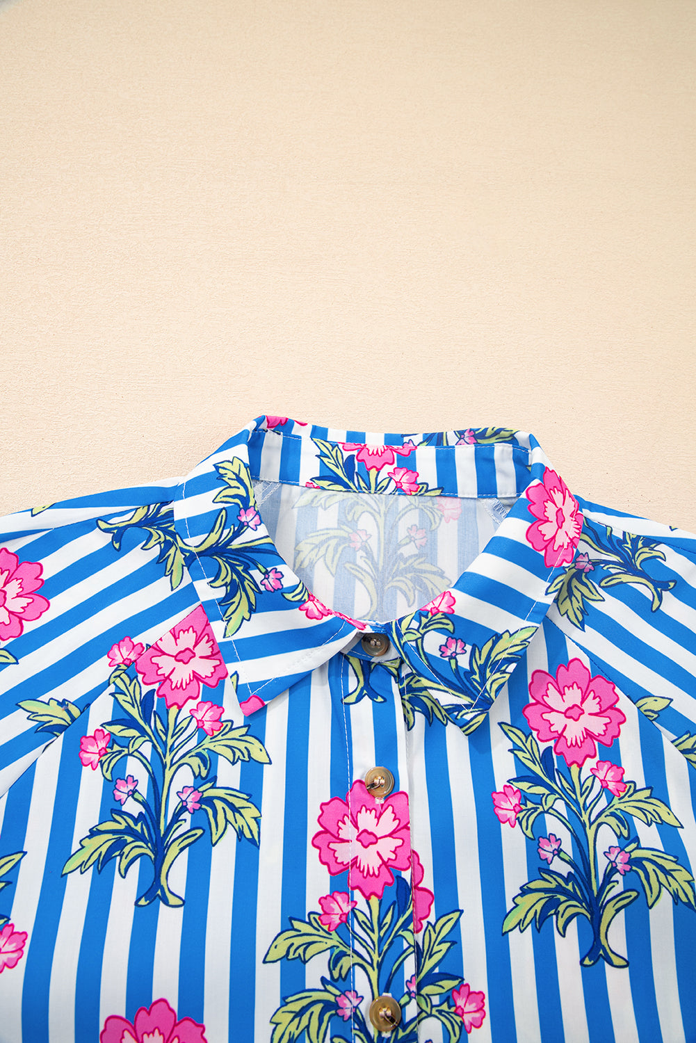 Blue Striped Floral Print Loose Fit Shirt
