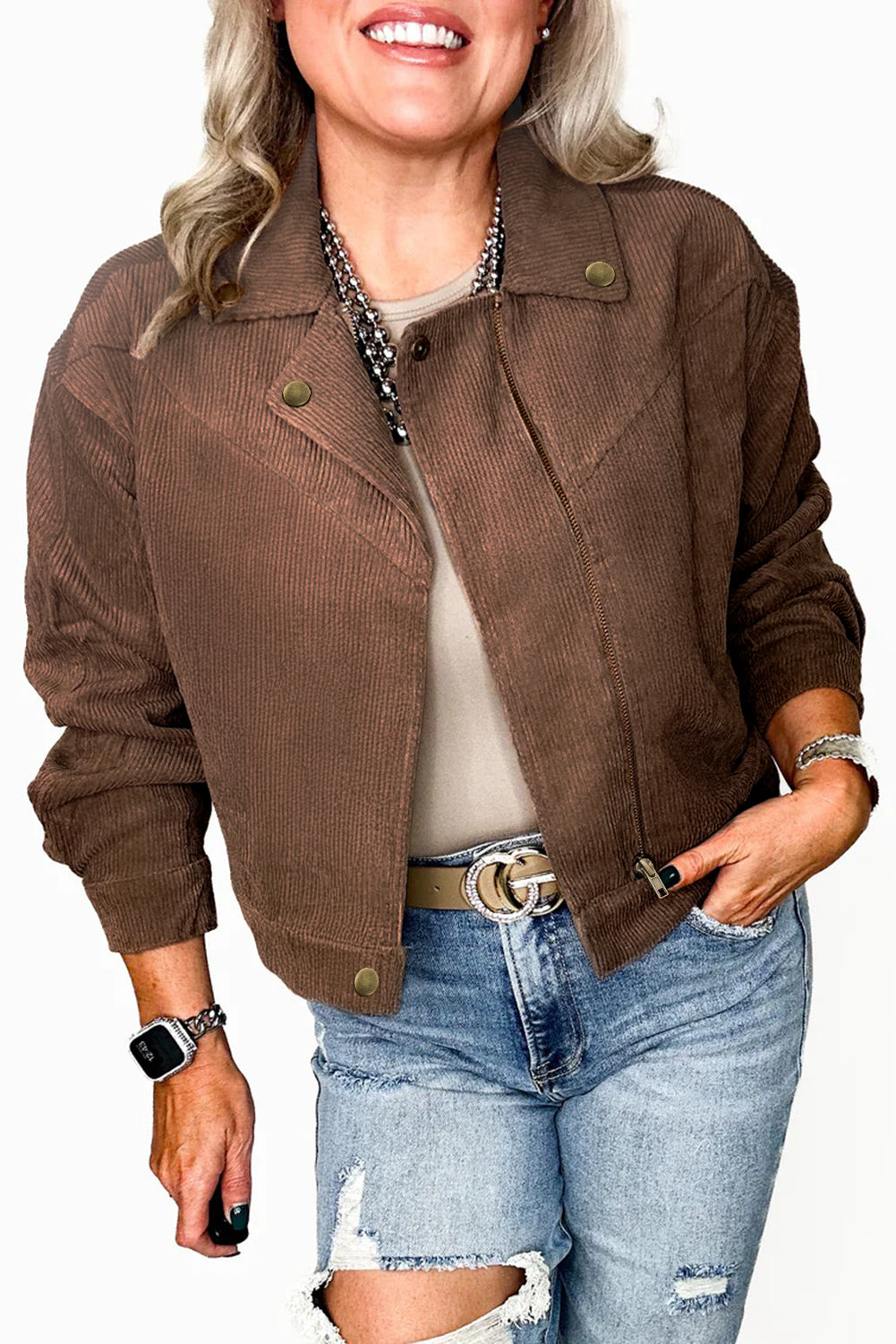 Chaqueta de pana con cuello de solapa, cremallera y botones color caqui oscuro