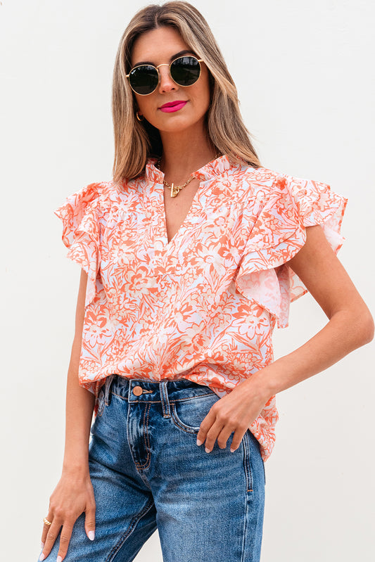Blusa con cuello abierto, mangas con volantes y flores naranjas