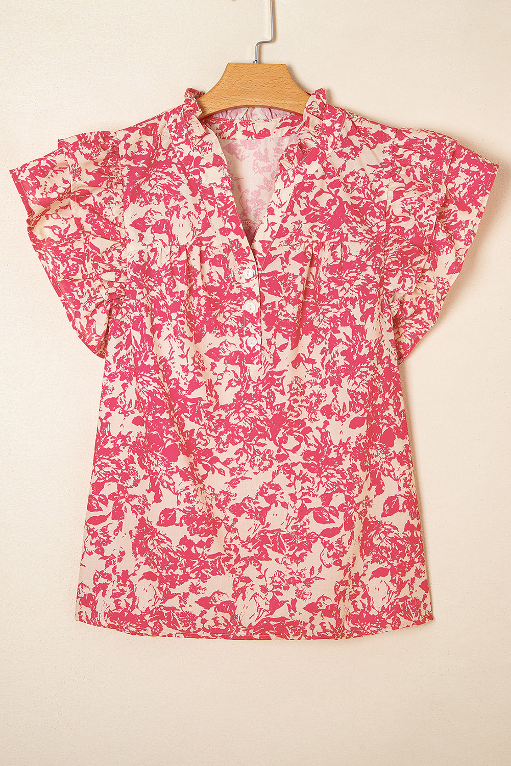 Rose Floral Print V Neck Ruffle Sleeve Blouse