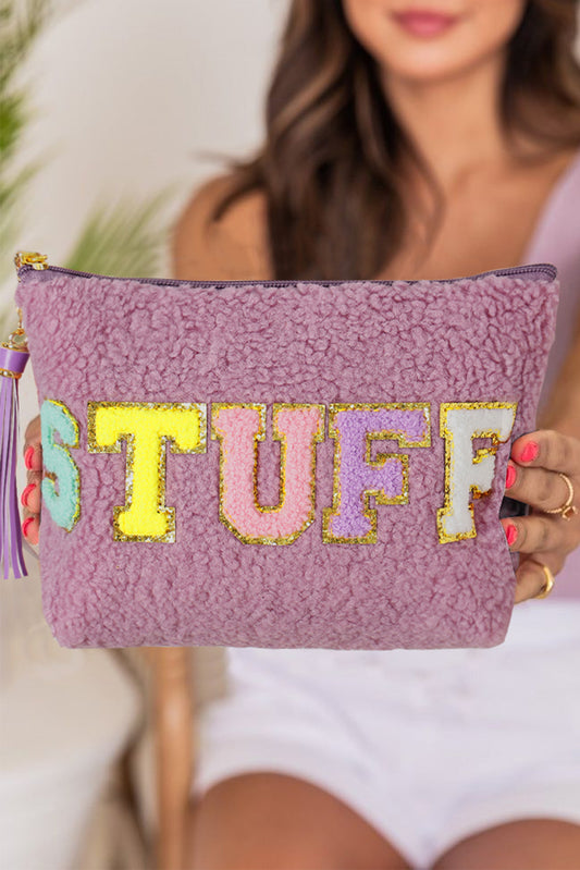 Bolsa de maquillaje con cremallera y borlas con estampado de letras brillantes de Phalaenopsis