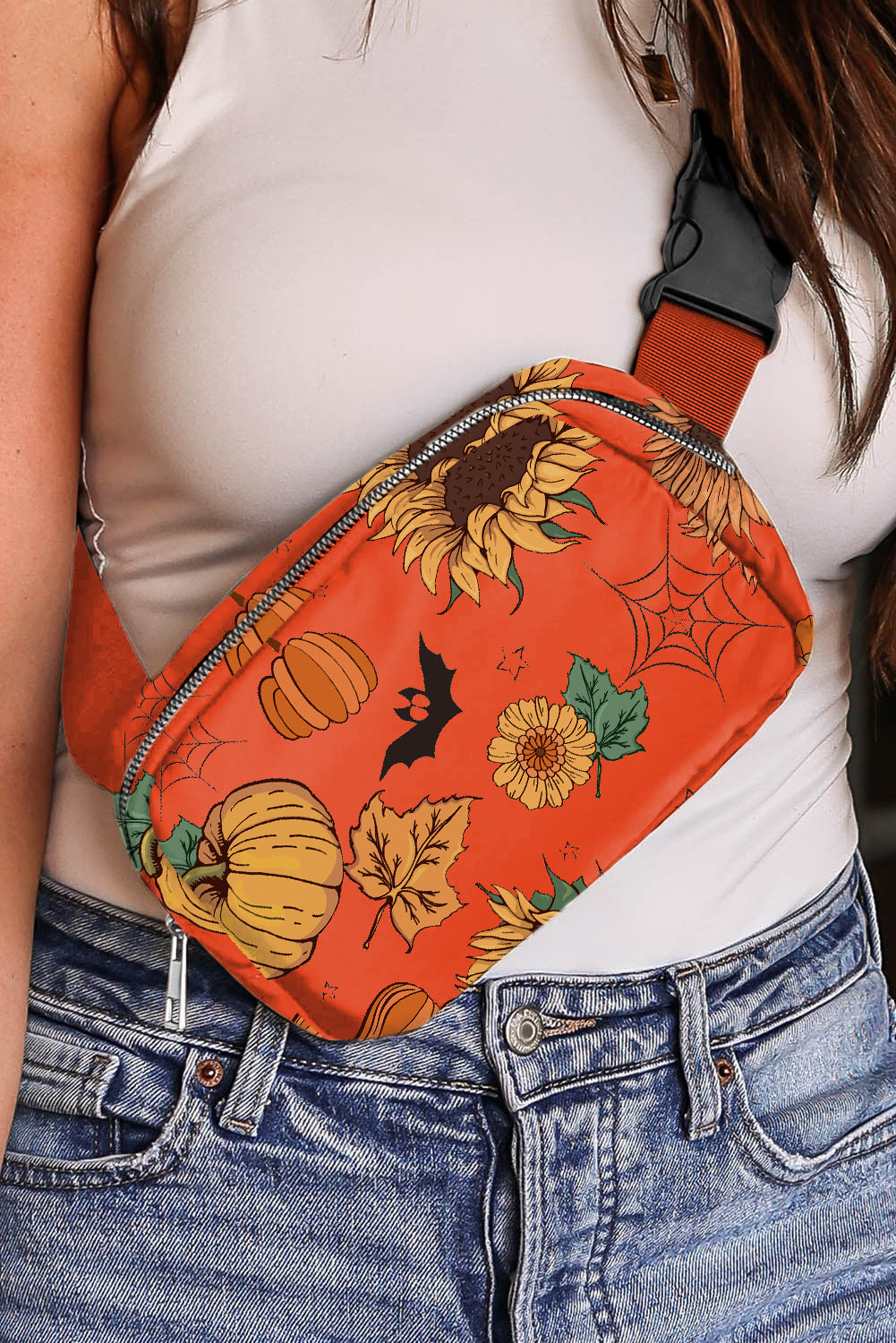 Bolso bandolera con estampado de calabaza, girasol y Halloween en color naranja