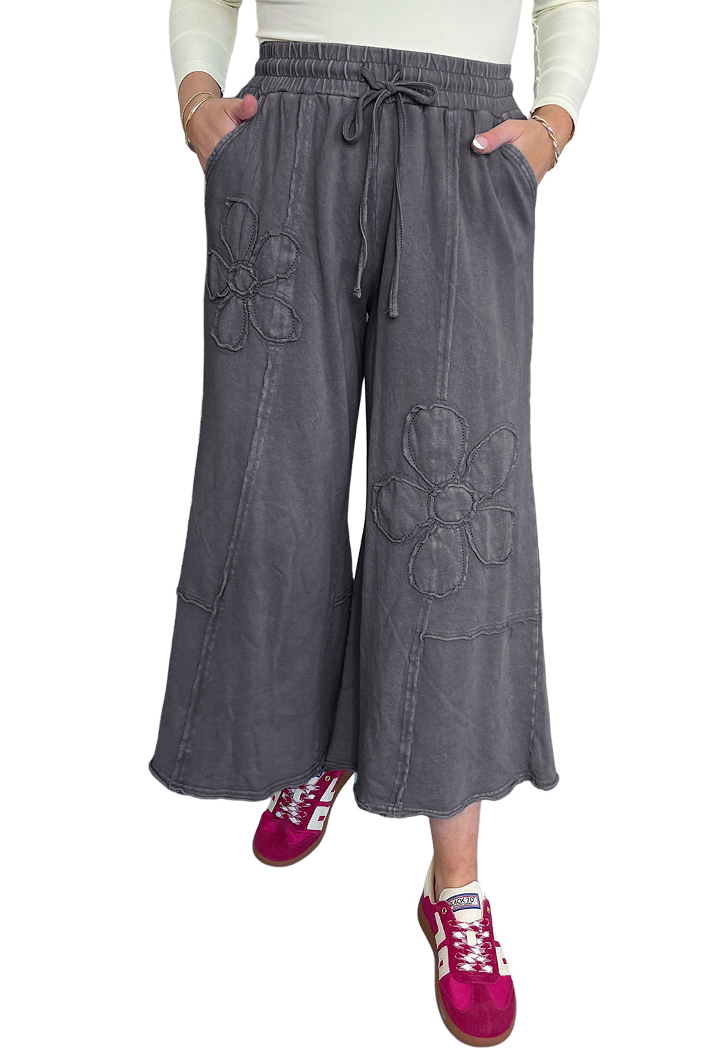 Light Grey Flower Patch Mineral Washed Cropped Wide Leg Pants