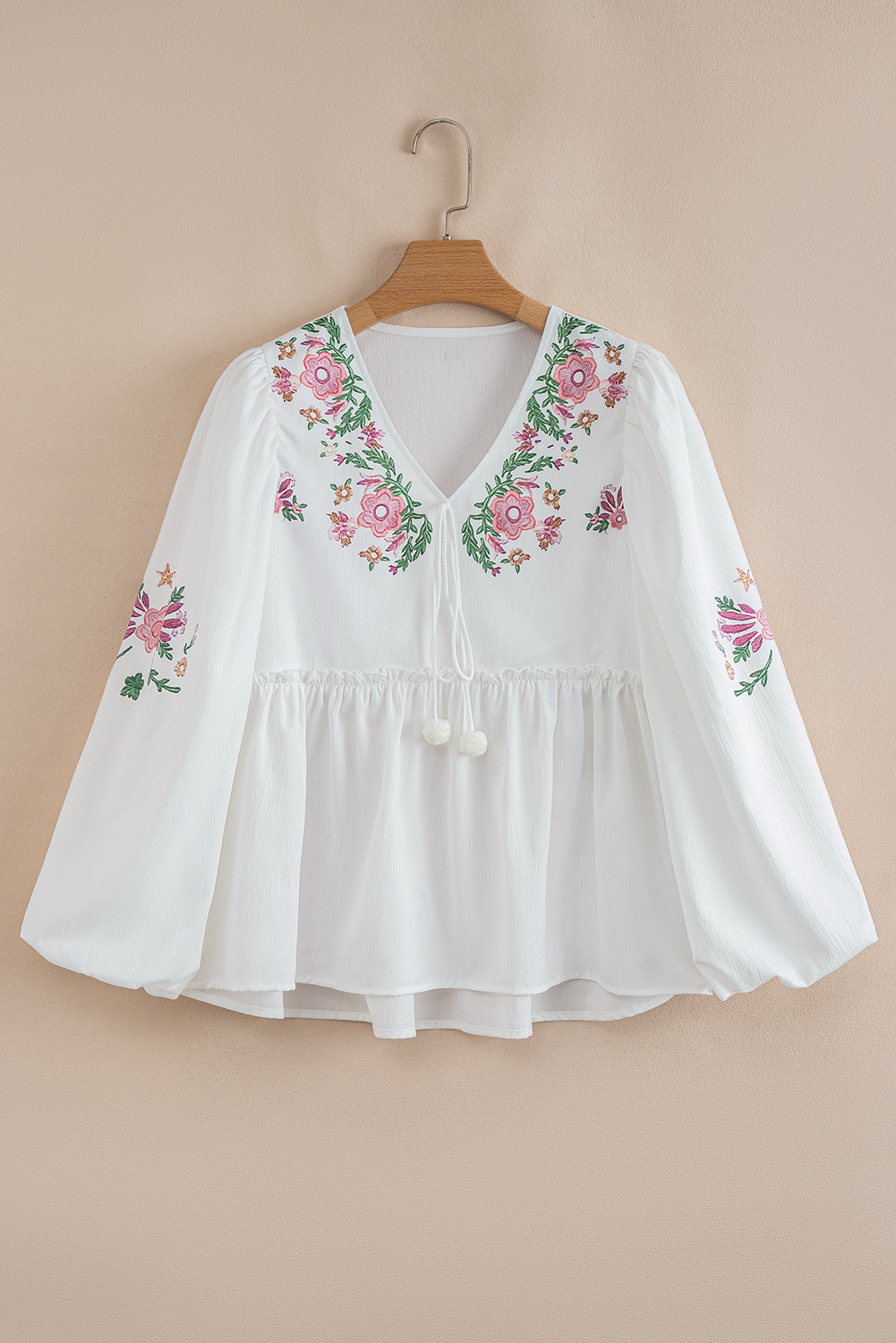 Blusa babydoll holgada con cuello en V y cordones de flores blancas