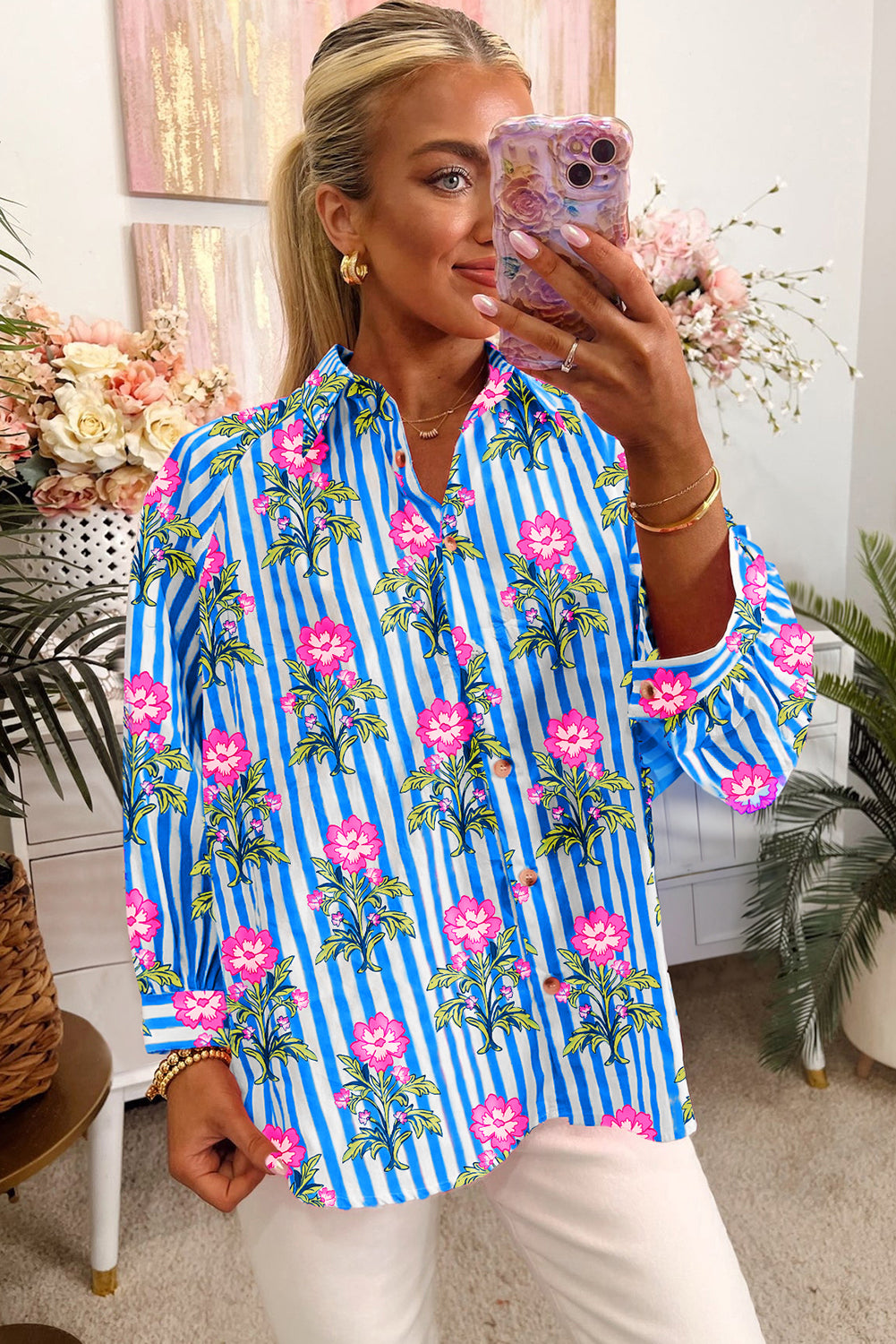 Blue Striped Floral Print Loose Fit Shirt