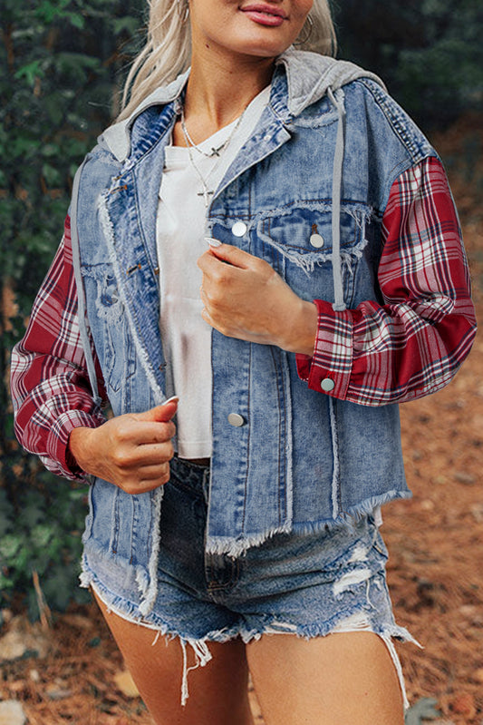 Chaqueta vaquera con capucha y dobladillo sin rematar, estampado de cuadros escoceses en azul Beau