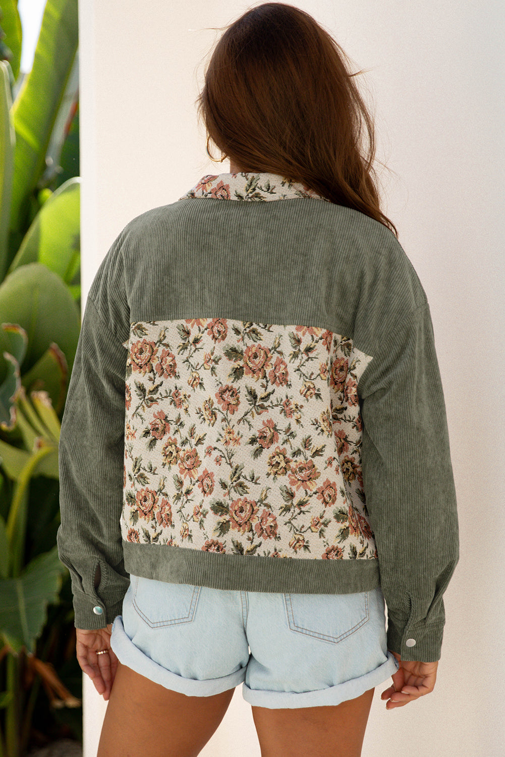 Chaqueta estilo camisa con patchwork floral retro acanalado de arcilla