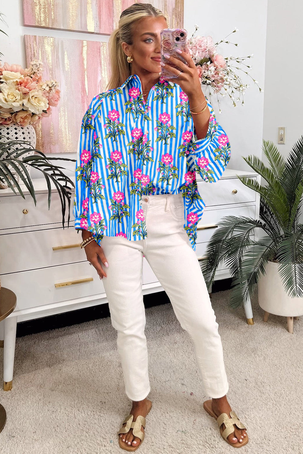 Blue Striped Floral Print Loose Fit Shirt
