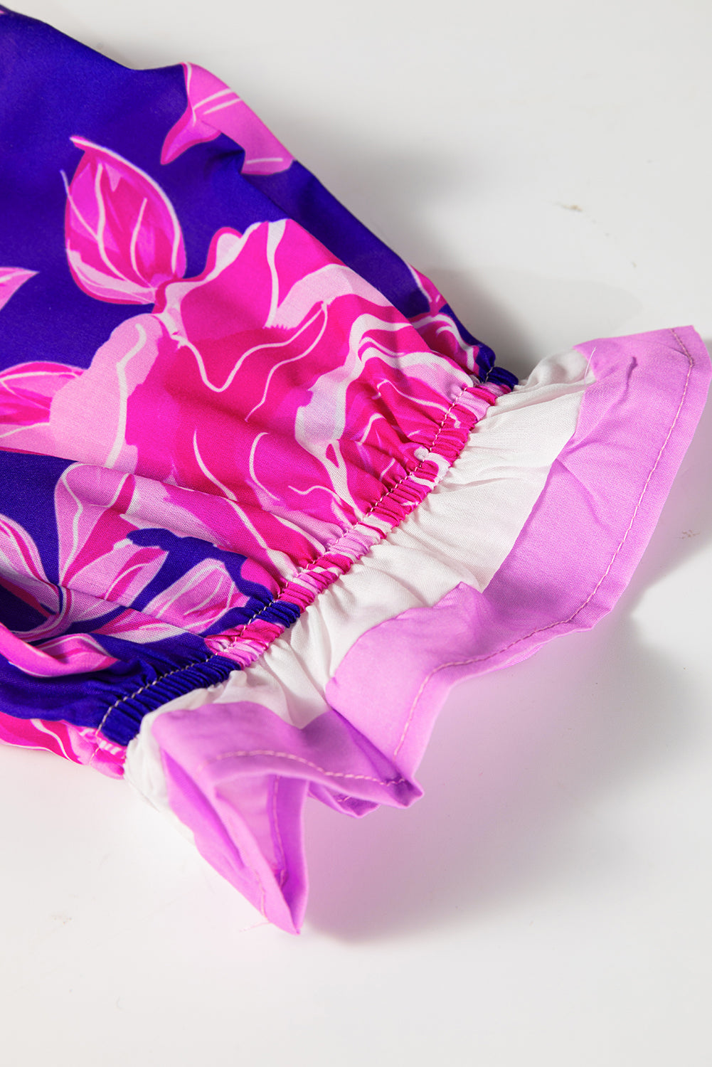 Sachet Pink Floral Print Ruffle Puff Sleeve Pop of Color Neckline Blouse