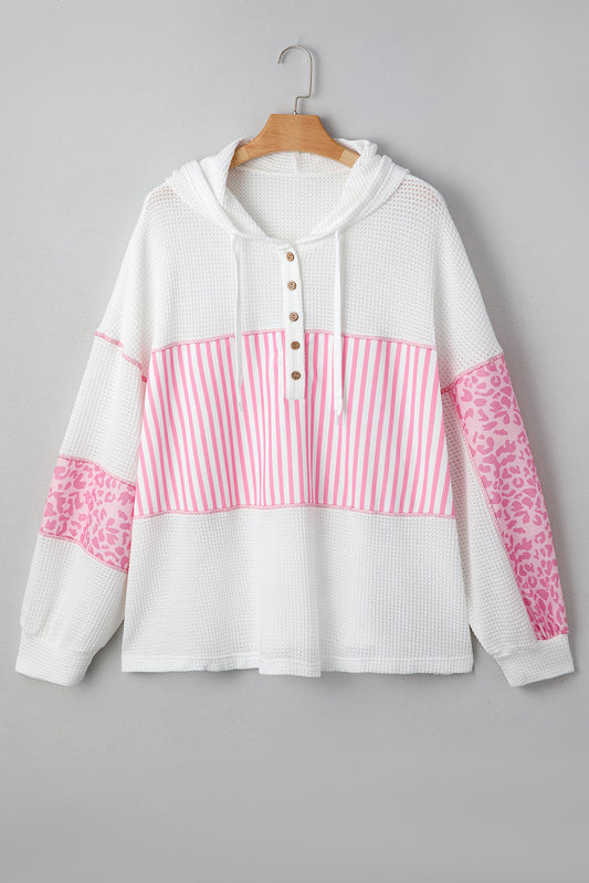 Sudadera con capucha de talla grande con botones, punto gofre, patchwork de leopardo y rayas rosas