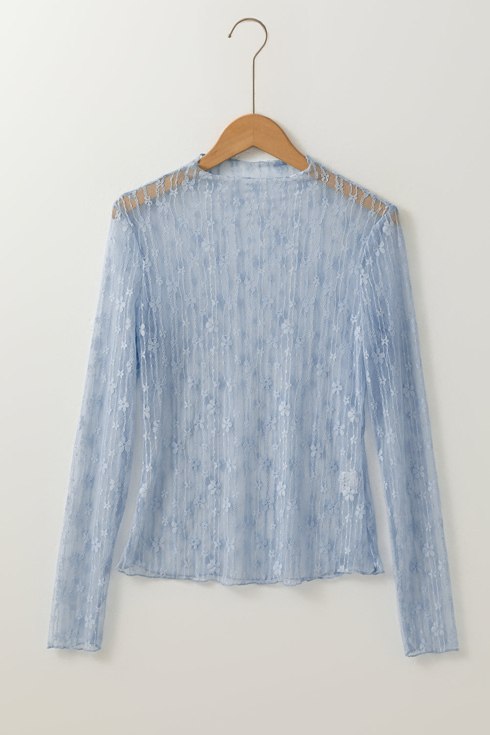 Top ajustado de manga larga con encaje floral transparente en azul Ashleigh
